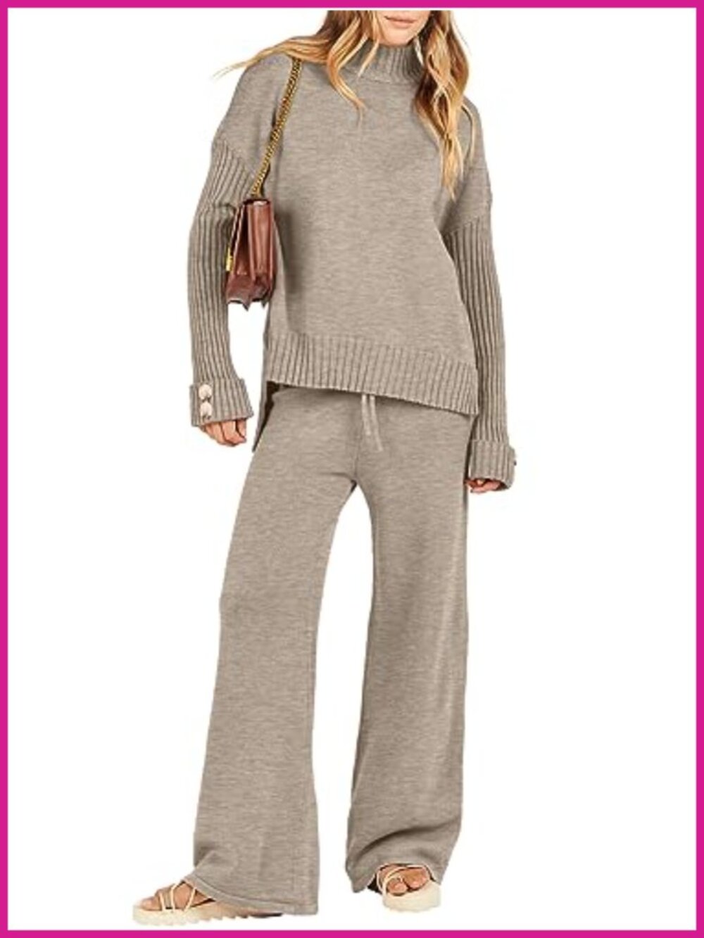 Womens Mock Neck Sweater Set Long Sleeve Wide Leg Pants Two Piece Outfit